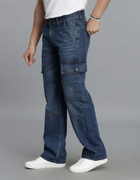 Med Blue Loose Fit Denim Cargo Pant