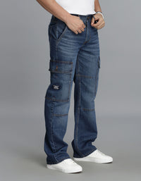 Med Blue Loose Fit Denim Cargo Pant