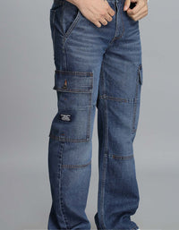 Med Blue Loose Fit Denim Cargo Pant