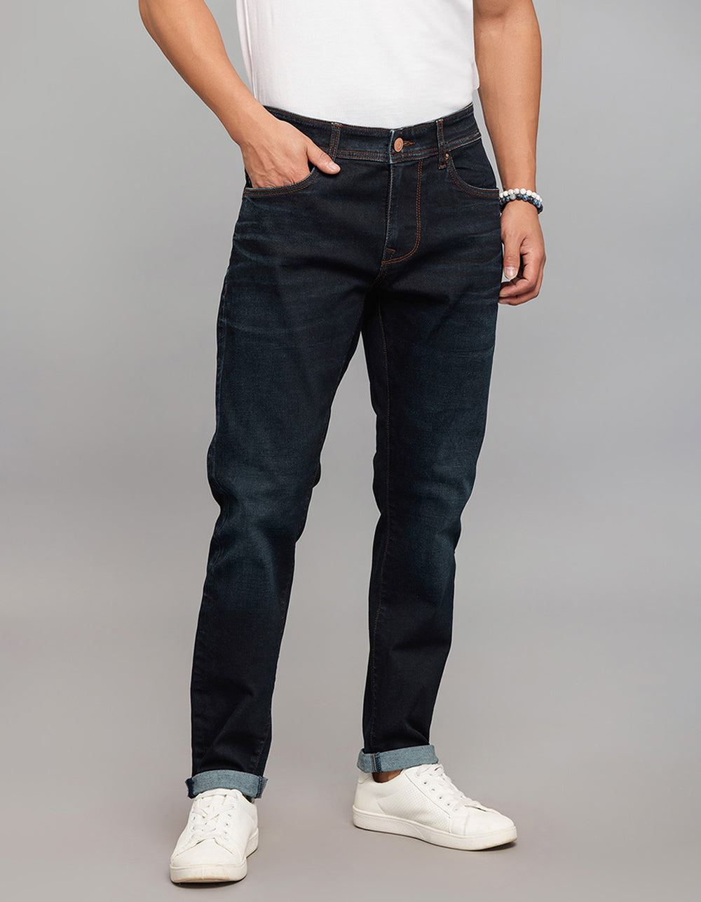 Dark Blue 5 Pocket Low-Rise Tapered Ankle Length Classic Stretch Jeans