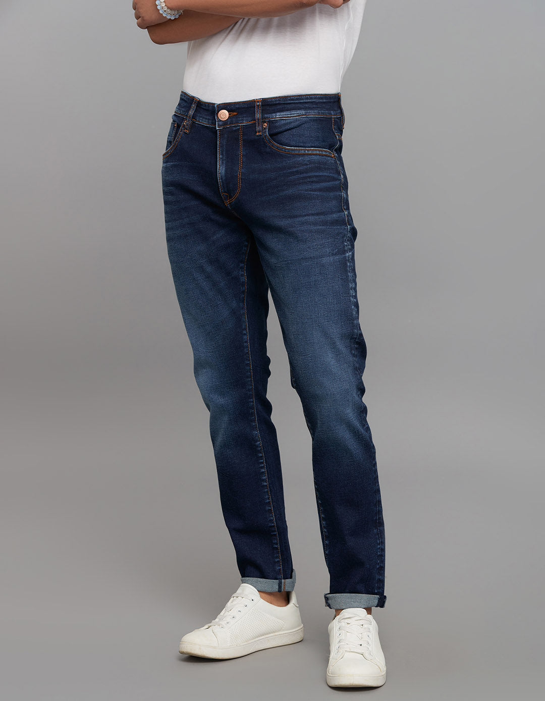Dark Blue 5 Pocket Low-Rise Tapered Ankle Length Classic Stretch Jeans