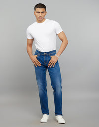 Medium Blue 5 Pocket Mid-Rise Slim Straight Fit Classic Stretch Jeans