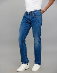 Medium Blue 5 Pocket Mid-Rise Slim Straight Fit Classic Stretch Jeans