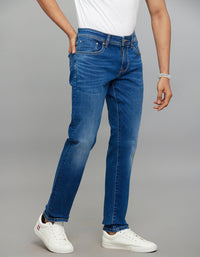 Medium Blue 5 Pocket Mid-Rise Slim Straight Fit Classic Stretch Jeans