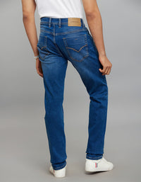 Medium Blue 5 Pocket Mid-Rise Slim Straight Fit Classic Stretch Jeans