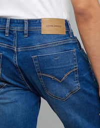 Medium Blue 5 Pocket Mid-Rise Slim Straight Fit Classic Stretch Jeans