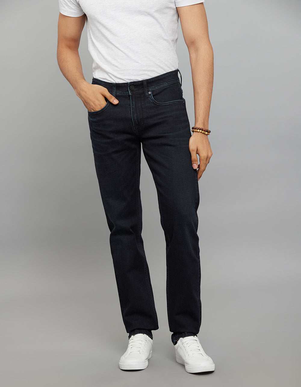 Dark Blue 5 Pocket Mid-Rise Slim Straight Fit Classic Stretch Jeans