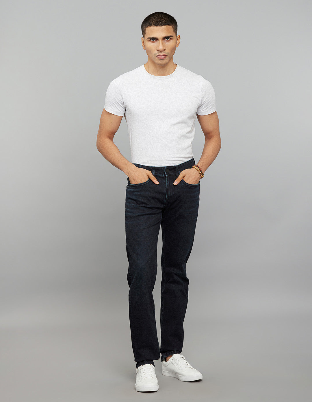 Dark Blue 5 Pocket Mid-Rise Slim Straight Fit Classic Stretch Jeans