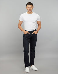Dark Blue 5 Pocket Mid-Rise Slim Straight Fit Classic Stretch Jeans