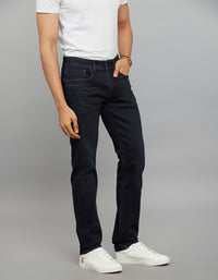 Dark Blue 5 Pocket Mid-Rise Slim Straight Fit Classic Stretch Jeans