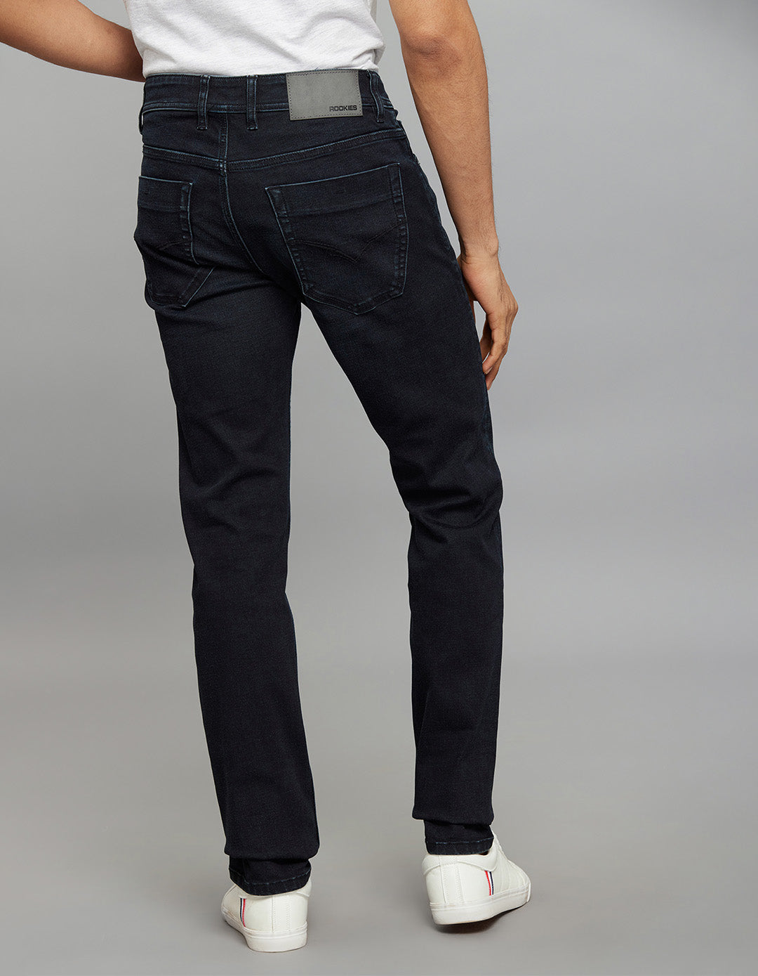 Dark Blue 5 Pocket Mid-Rise Slim Straight Fit Classic Stretch Jeans