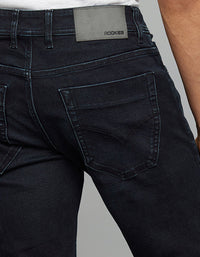 Dark Blue 5 Pocket Mid-Rise Slim Straight Fit Classic Stretch Jeans