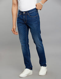 Dark Blue 5 Pocket Mid-Rise Slim Straight Fit Classic Stretch Jeans
