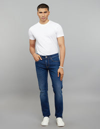 Dark Blue 5 Pocket Mid-Rise Slim Straight Fit Classic Stretch Jeans