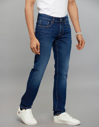 Dark Blue 5 Pocket Mid-Rise Slim Straight Fit Classic Stretch Jeans