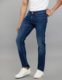 Dark Blue 5 Pocket Mid-Rise Slim Straight Fit Classic Stretch Jeans