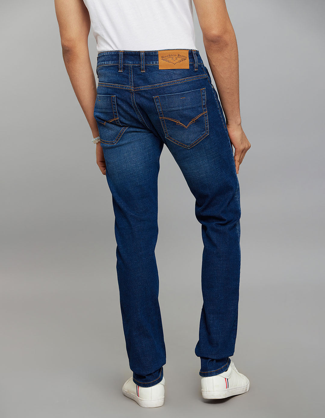 Dark Blue 5 Pocket Mid-Rise Slim Straight Fit Classic Stretch Jeans