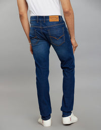 Dark Blue 5 Pocket Mid-Rise Slim Straight Fit Classic Stretch Jeans
