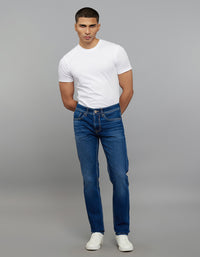 Medium Blue 5 Pocket Mid-Rise Slim Straight Fit Classic Stretch Jeans