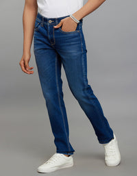 Medium Blue 5 Pocket Mid-Rise Slim Straight Fit Classic Stretch Jeans