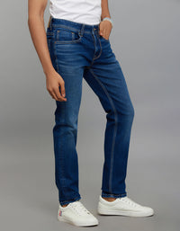 Medium Blue 5 Pocket Mid-Rise Slim Straight Fit Classic Stretch Jeans