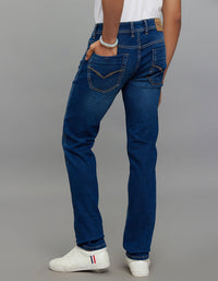 Medium Blue 5 Pocket Mid-Rise Slim Straight Fit Classic Stretch Jeans