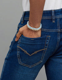 Medium Blue 5 Pocket Mid-Rise Slim Straight Fit Classic Stretch Jeans