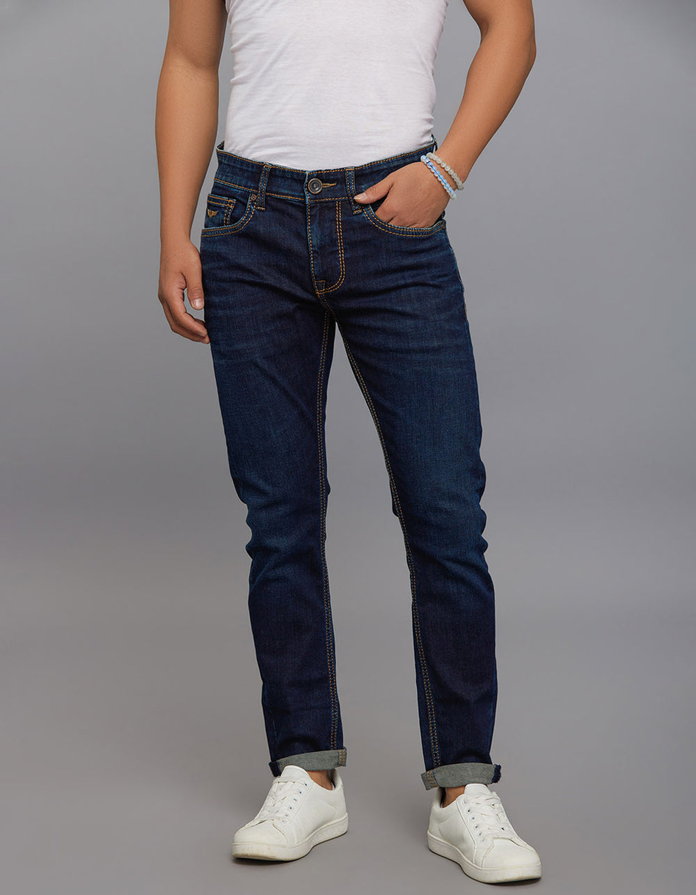 Dark Blue 5 Pocket Low-Rise Tapered Ankle Length Stretch Jeans