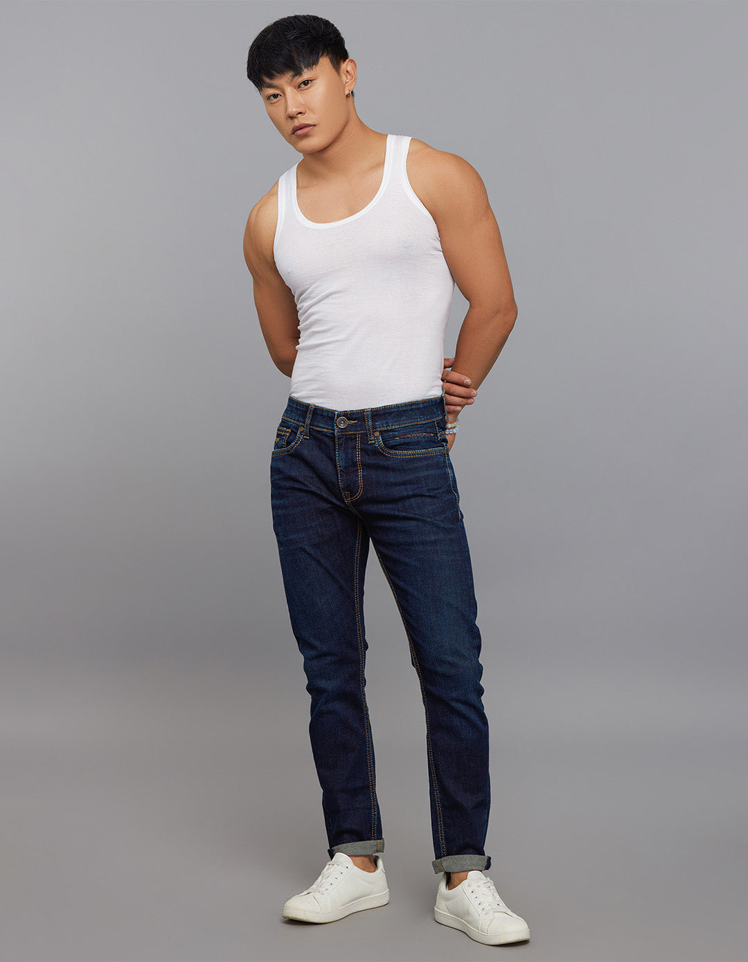 Dark Blue 5 Pocket Low-Rise Tapered Ankle Length Stretch Jeans