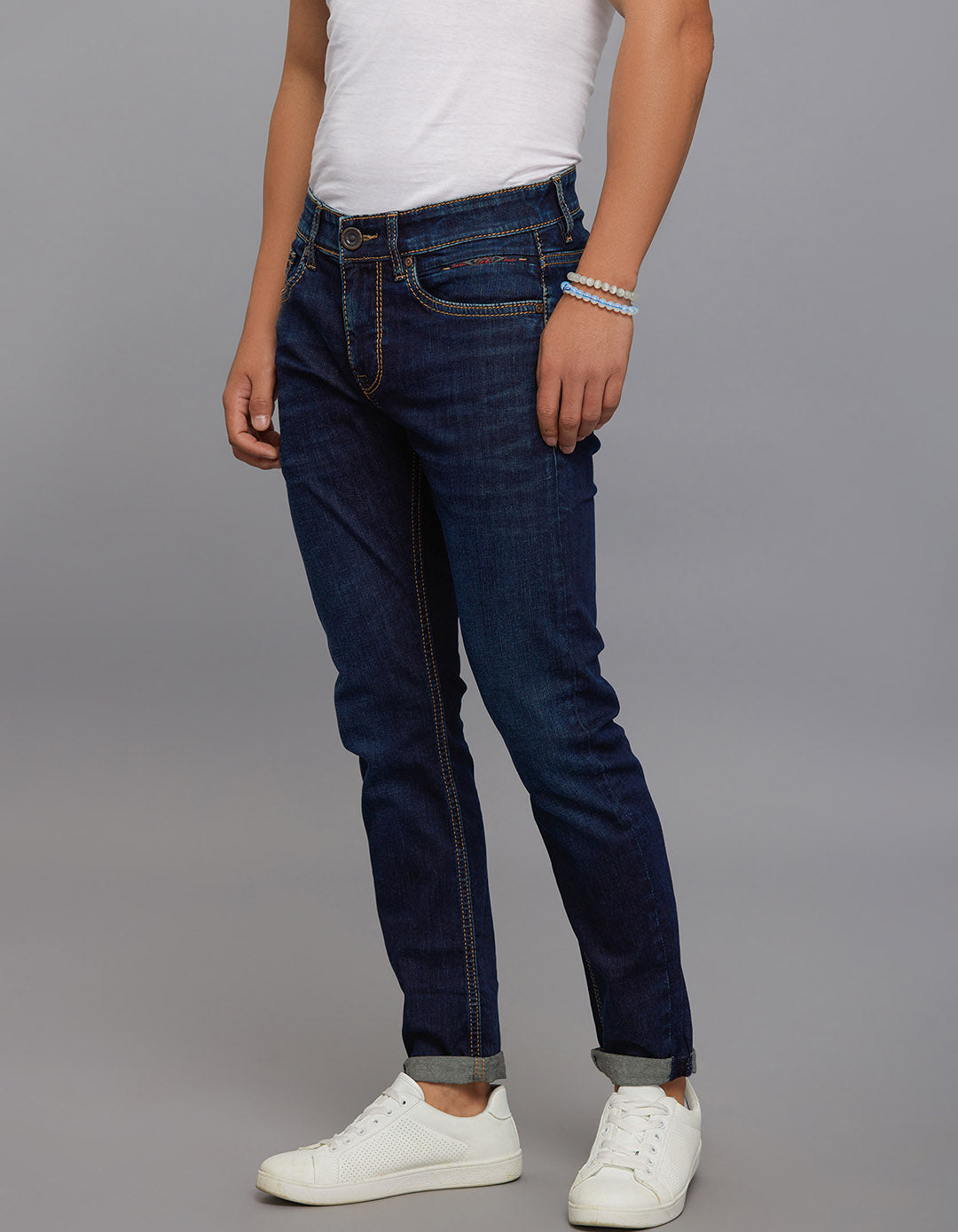 Dark Blue 5 Pocket Low-Rise Tapered Ankle Length Stretch Jeans