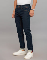 Dark Blue 5 Pocket Low-Rise Tapered Ankle Length Knit Denim Jeans