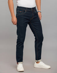 Dark Blue 5 Pocket Low-Rise Tapered Ankle Length Knit Denim Jeans