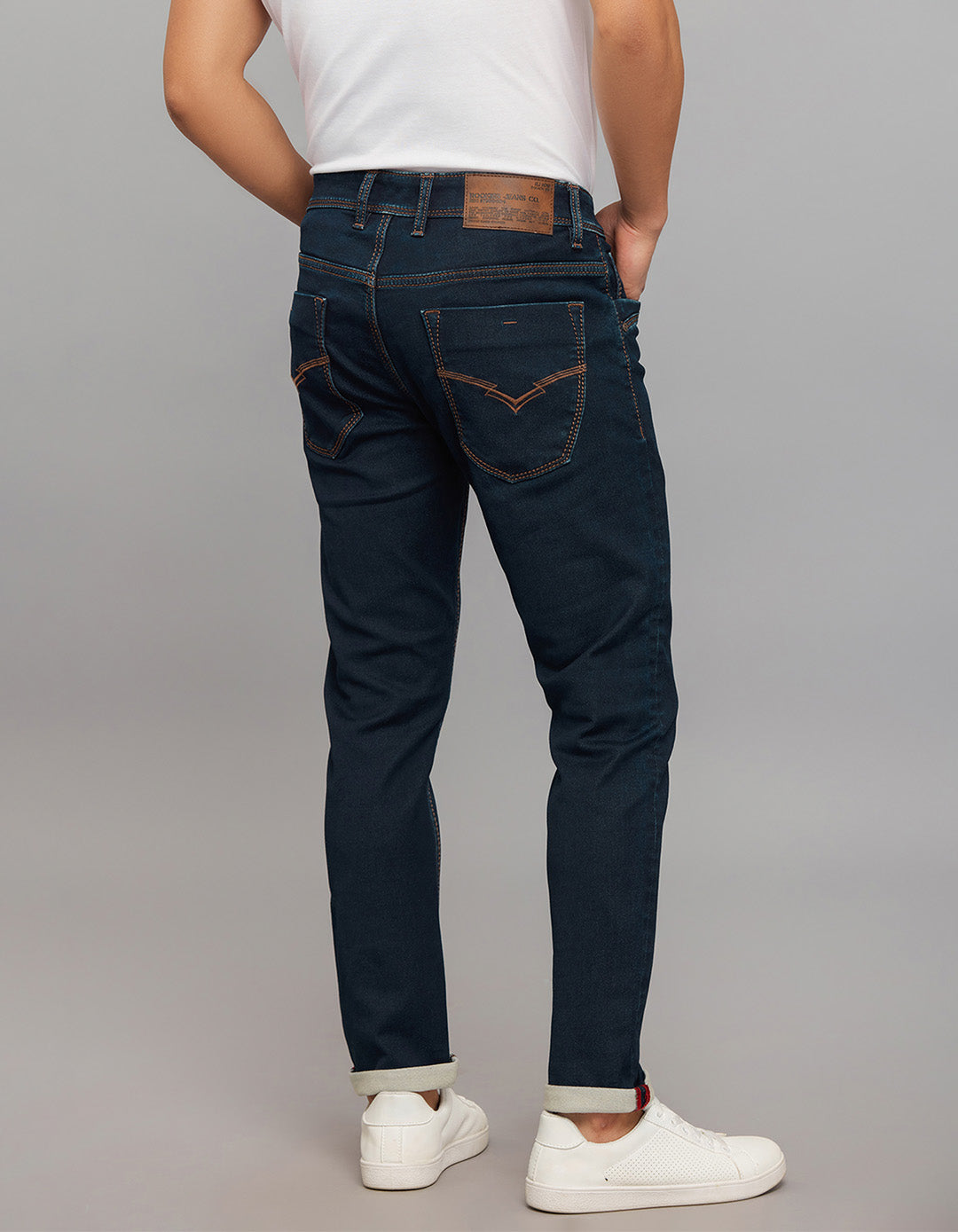 Dark Blue 5 Pocket Low-Rise Tapered Ankle Length Knit Denim Jeans