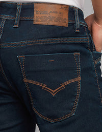 Dark Blue 5 Pocket Low-Rise Tapered Ankle Length Knit Denim Jeans