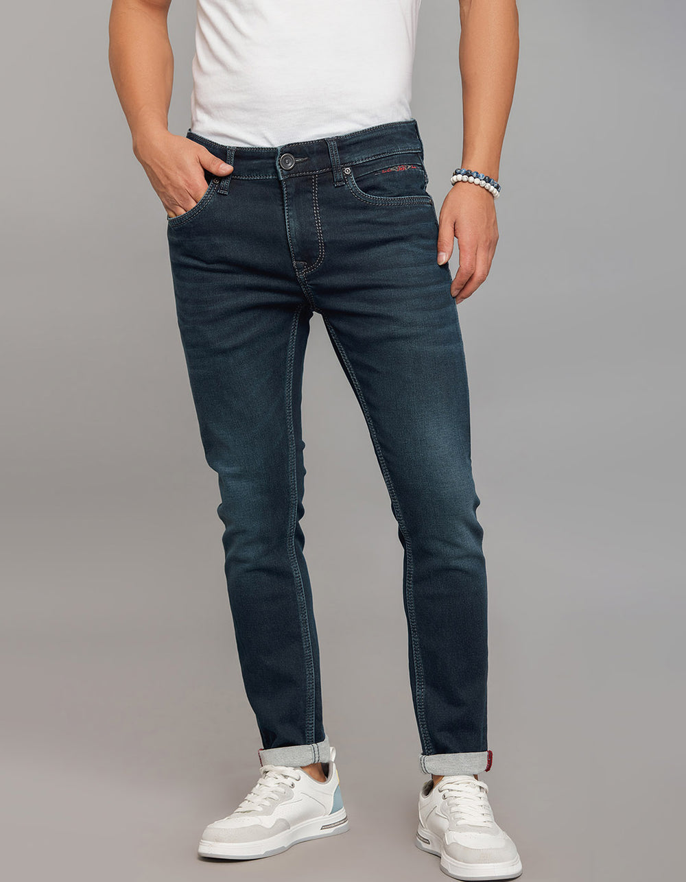 Dark Blue 5 Pocket Low-Rise Tapered Ankle Length Knit Denim Jeans