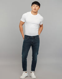Dark Blue 5 Pocket Low-Rise Tapered Ankle Length Knit Denim Jeans