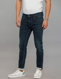 Dark Blue 5 Pocket Low-Rise Tapered Ankle Length Knit Denim Jeans