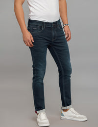 Dark Blue 5 Pocket Low-Rise Tapered Ankle Length Knit Denim Jeans