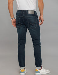 Dark Blue 5 Pocket Low-Rise Tapered Ankle Length Knit Denim Jeans
