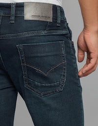 Dark Blue 5 Pocket Low-Rise Tapered Ankle Length Knit Denim Jeans