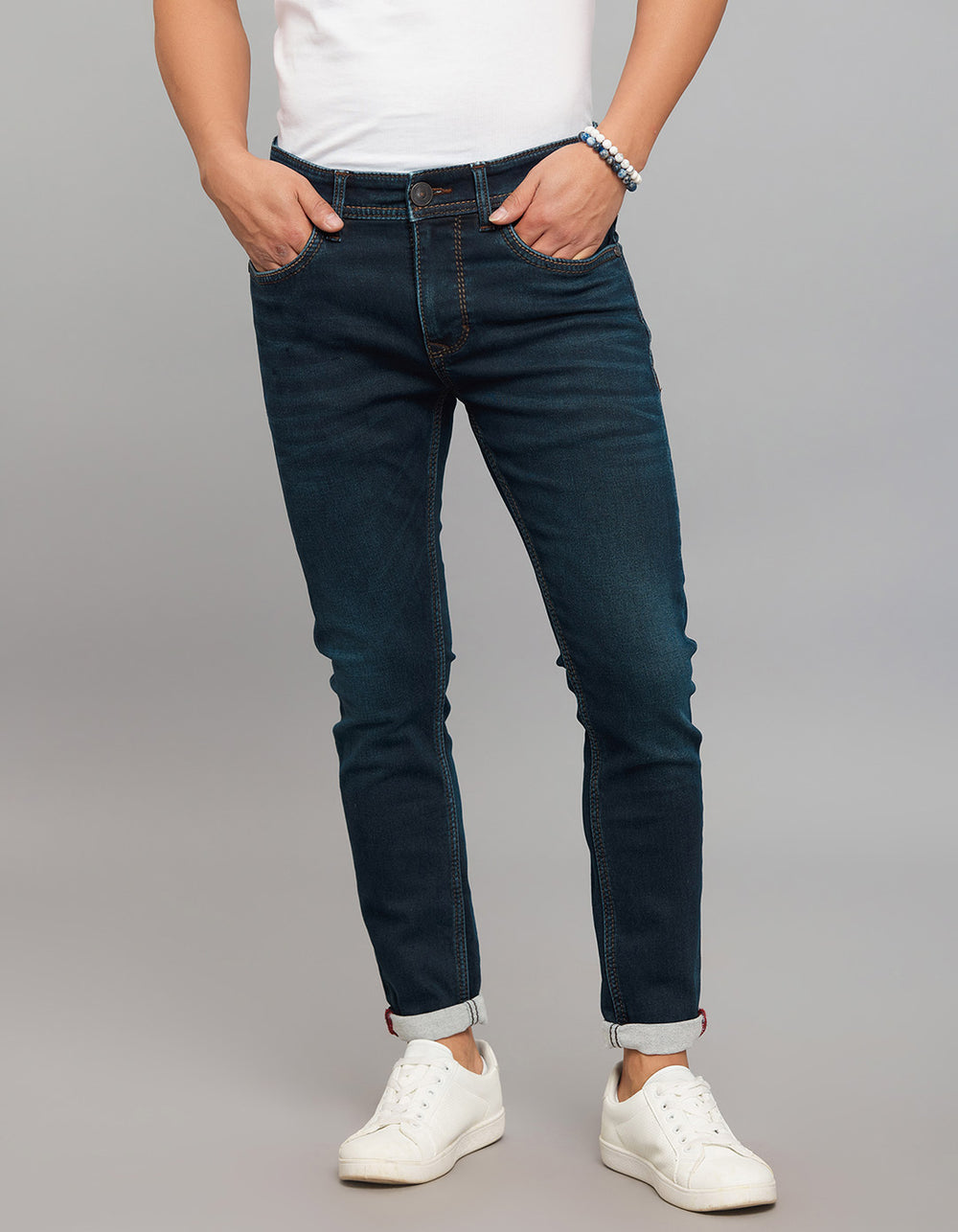 Dark Blue 5 Pocket Low-Rise Tapered Ankle Length Knit Denim Jeans