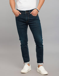 Dark Blue 5 Pocket Low-Rise Tapered Ankle Length Knit Denim Jeans