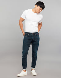 Dark Blue 5 Pocket Low-Rise Tapered Ankle Length Knit Denim Jeans