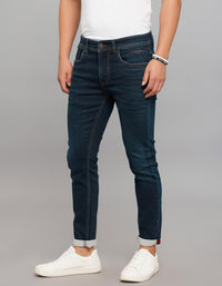 Dark Blue 5 Pocket Low-Rise Tapered Ankle Length Knit Denim Jeans