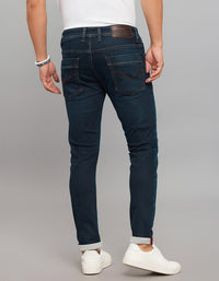 Dark Blue 5 Pocket Low-Rise Tapered Ankle Length Knit Denim Jeans