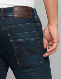 Dark Blue 5 Pocket Low-Rise Tapered Ankle Length Knit Denim Jeans