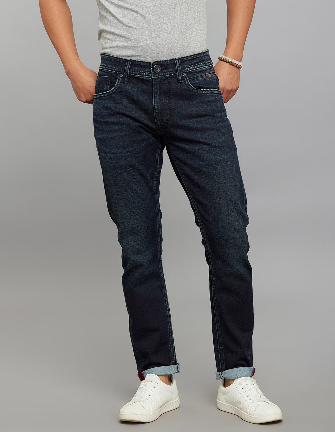 Dark Blue 5 Pocket Low-Rise Ankle Length Knit Stretch Jeans