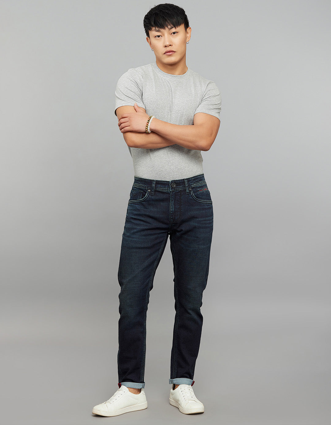 Dark Blue 5 Pocket Low-Rise Ankle Length Knit Stretch Jeans