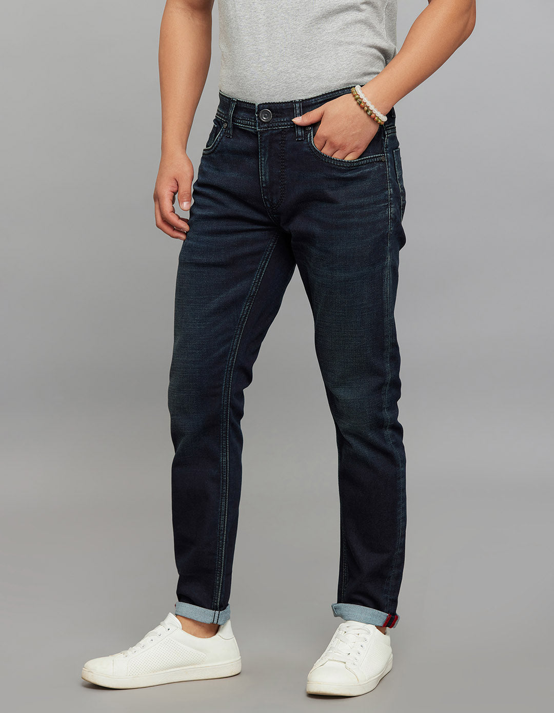 Dark Blue 5 Pocket Low-Rise Ankle Length Knit Stretch Jeans