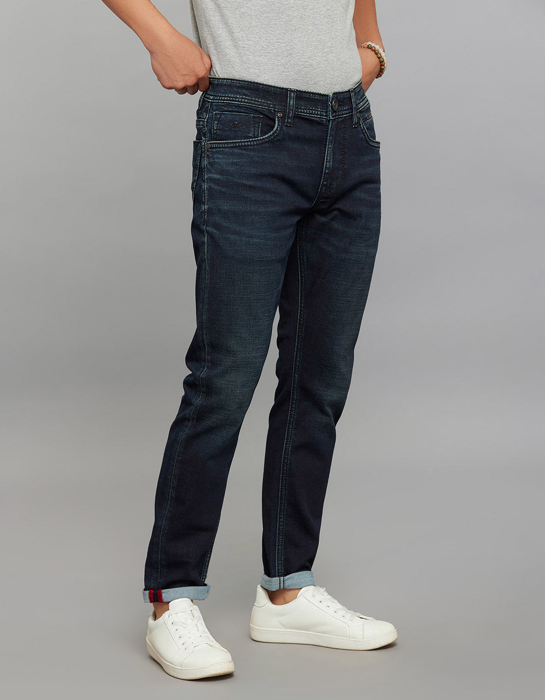 Dark Blue 5 Pocket Low-Rise Ankle Length Knit Stretch Jeans